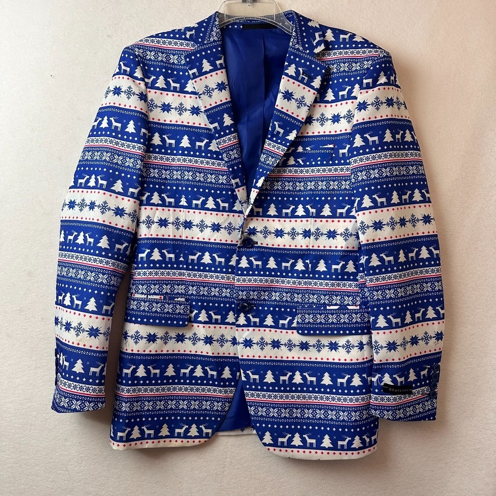 Braveman Mens Chris15 Holiday Blazer Blue‎ Fair Isle Reindeer Snowflake 36R